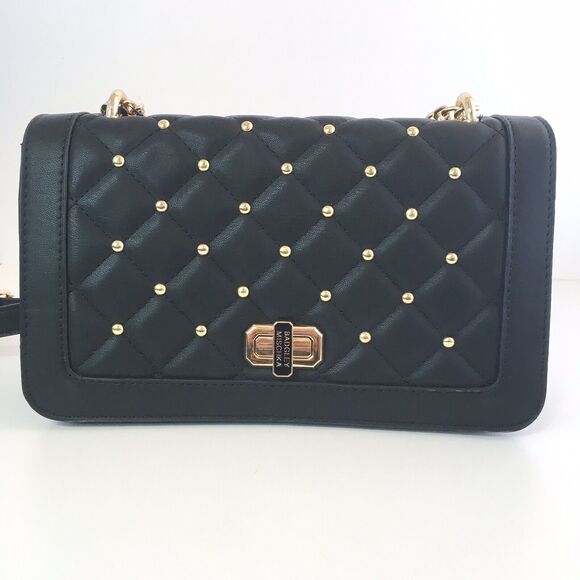 Badgley Mischka Crossbody Purse Bag Black Quilted Gold Studs Chain Faux Leather - Picture 9 of 10